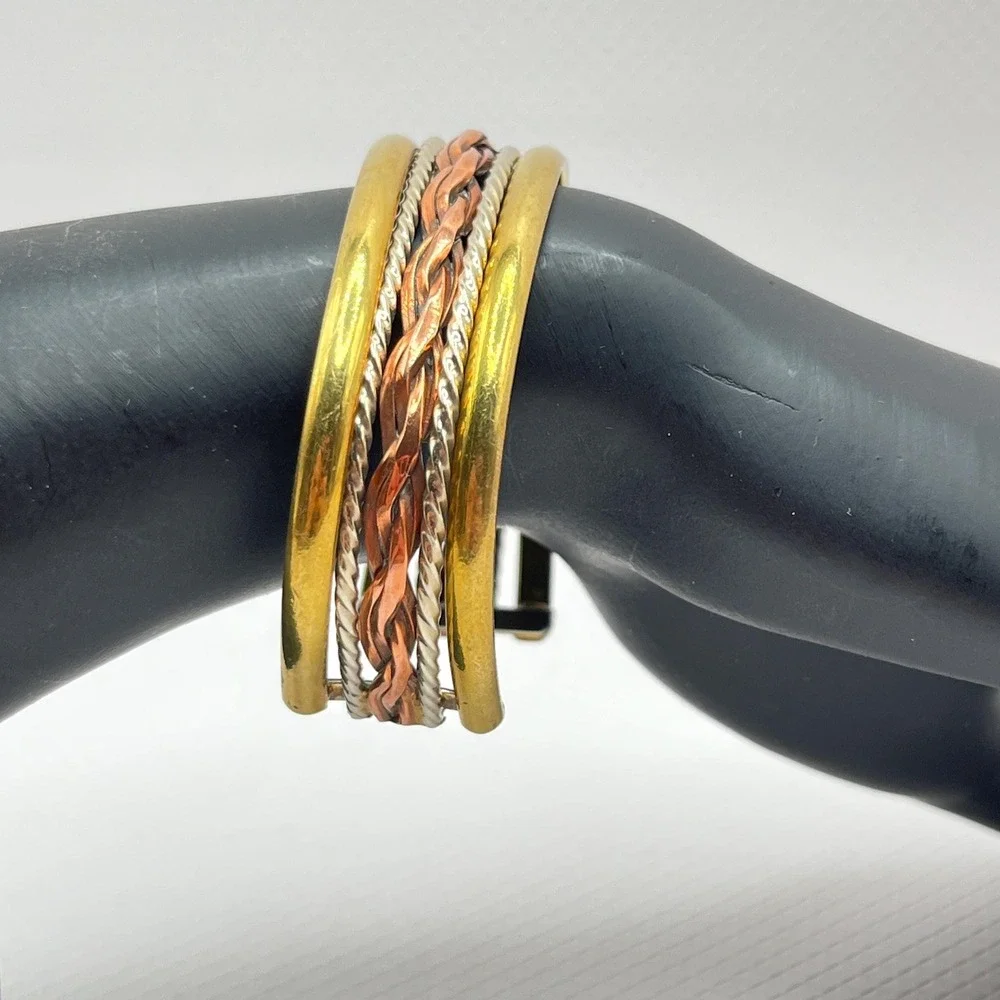Vintage Copper Tri-Tone Braided Rope Cuff Bracelet w/ Gold and Silver Tone
